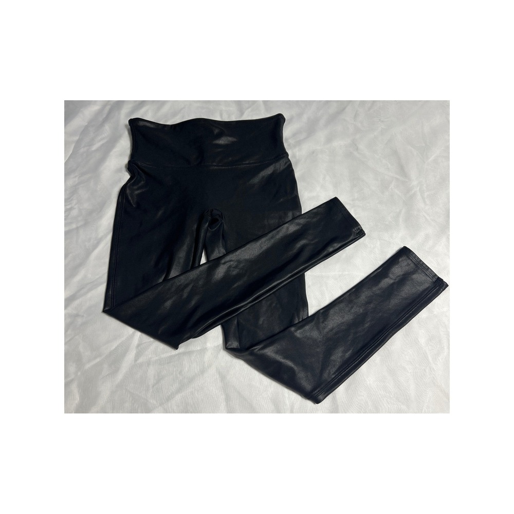 Spanx Faux Leather Leggings Petite M Black High Waist Shiny Skinny Pants